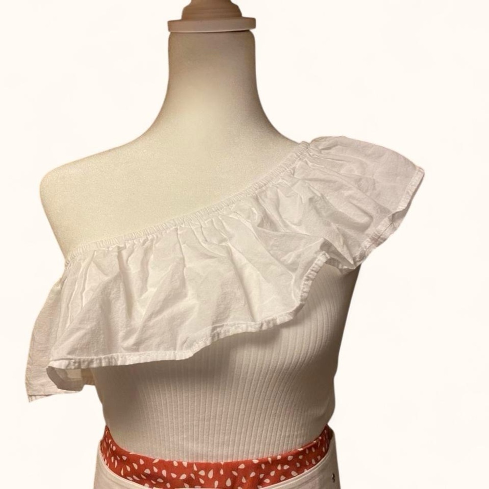 Zara White One-Shoulder Ruffle Blouse